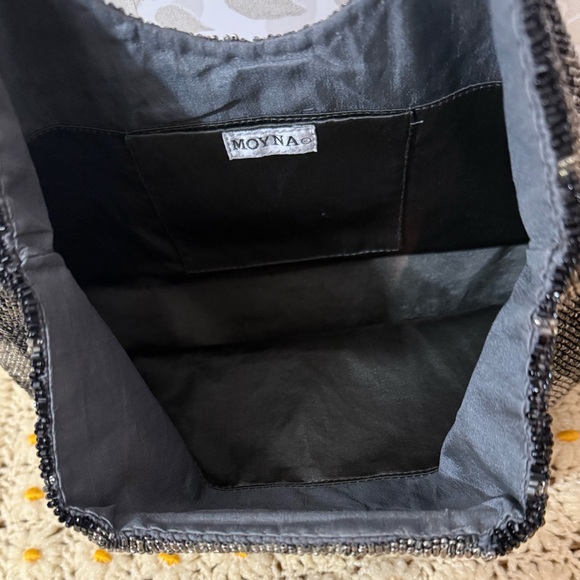 Moyna Black Silver Metallic Floral Seed Beaded Handbag Evening Bag Clutch - Picture 7 of 10